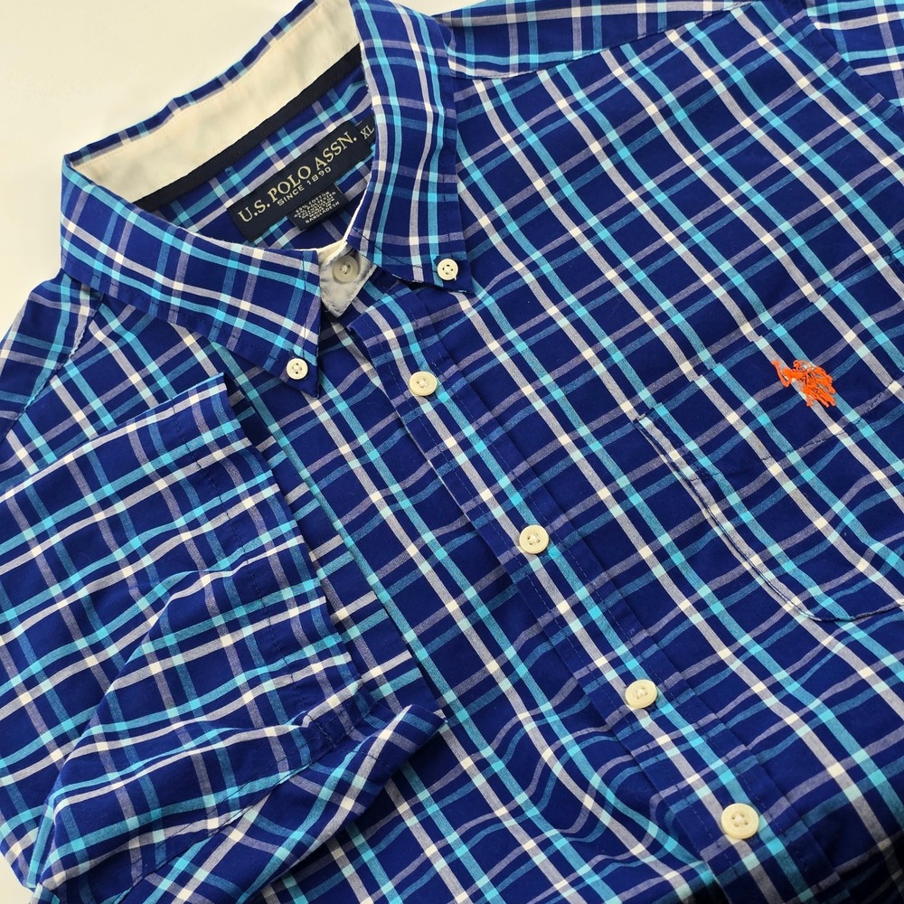 U.S. Polo Assn. Button Down Shirt Mens XL Blue Plaid Short Sleeve Logo Pocket